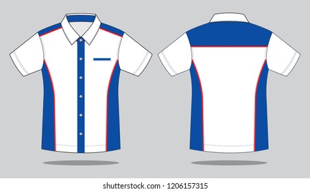 White-blue short sleeve technician uniform shirt with red line piping design on gray background.Front and back view.