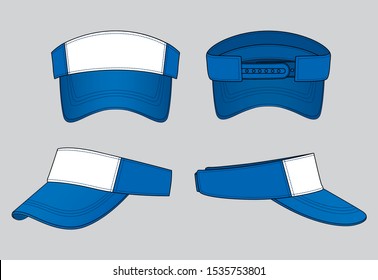 White-Blue Sun Visor Cap with Adjustable Snap Back Strap Closure Design on Gray Background, Vector File.