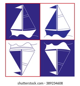White-Blue toy sailboat. Stylized ship, three colors - blue, white, red, vector illustration