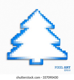 White-blue tree made of three-dimensional cubes on a transparent grid background. Pixel art style. Mosaic background of geometric shapes. Vector illustration.