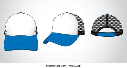 White-blue trucker cap with mesh black at side and back panel, adjustable with hook-loop closure strap back design on gray background, vector file.