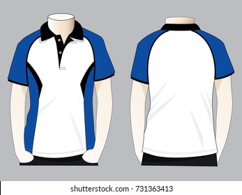 White-blue-black raglan short sleeve polo shirt design on gray background. Front and back views, vector file.