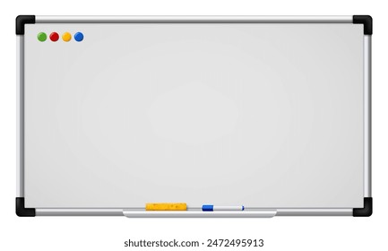 Whiteboard. 3d realistic school business office demonstration white board with round magnets, marker pen and sponge. Blank empty magnetic board vector mockup