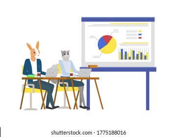 Whiteboard with charts and information vector, hipster animals wearing business suits thinking on concepts and ideas of development, studying kangaroo