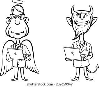 whiteboard drawing - angel and devil with laptop computers