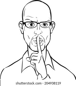 whiteboard drawing - bald man with finger on lips