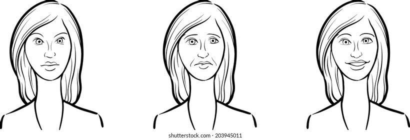 whiteboard drawing - brunette woman face three expressions