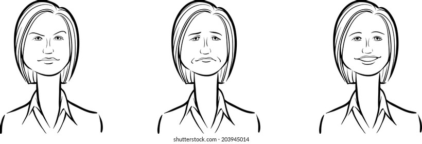 whiteboard drawing - business woman face three expressions