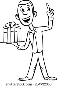 whiteboard drawing - businessman presenting gift and pointing finger