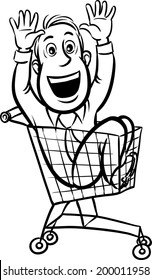 whiteboard drawing - businessman rolling in a basket trolley