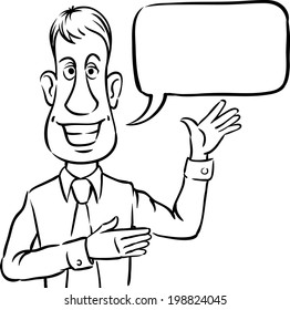 whiteboard drawing - businessman with speech bubble smiling and pointing. Easy-edit layered vector EPS10 file scalable to any size without quality loss.