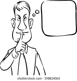 whiteboard drawing - businessman with_speech bubble finger on lips. Easy-edit layered vector EPS10 file scalable to any size without quality loss.