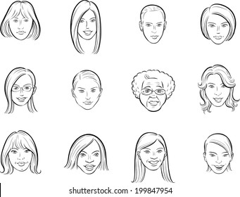 whiteboard drawing - cartoon avatar beautiful women faces