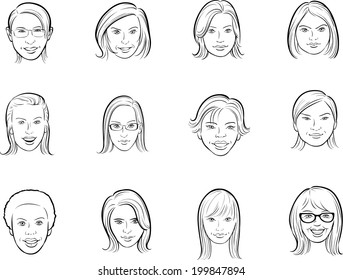 whiteboard drawing - cartoon avatar women faces