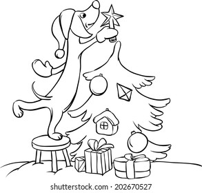 whiteboard drawing - cartoon dog arranging christmas tree