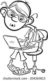 whiteboard drawing - Cartoon geek boy sitting with laptop