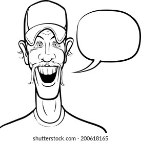 whiteboard drawing - cartoon smiling man in baseball cap with speech bubble