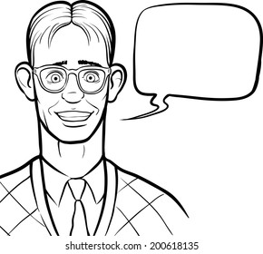 whiteboard drawing - cartoon smiling nerd with speech bubble