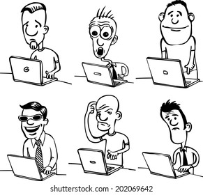 whiteboard drawing - comic doodle dudes with laptops