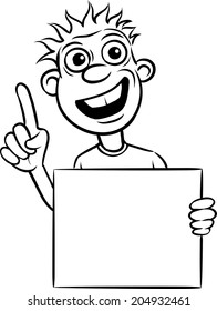 whiteboard drawing - crazy man pointing finger with blank placard