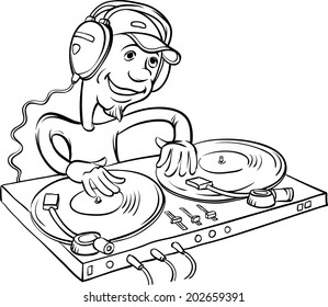 whiteboard drawing - DJ playing on a double turntable