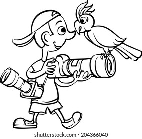 whiteboard drawing - funny photographer and curious parrot
