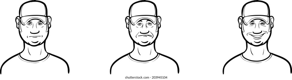 whiteboard drawing - guy in cap face three expressions
