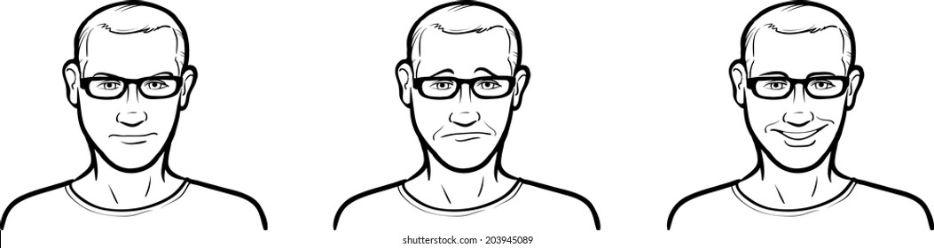 whiteboard drawing - guy in glasses face three expressions