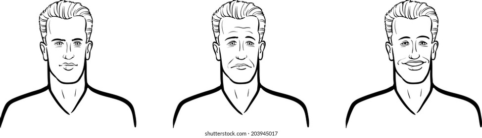 whiteboard drawing - handsome man face three expressions