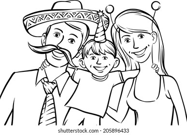 whiteboard drawing - happy family in mexican style hats