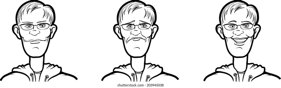 whiteboard drawing - man in glasses face three expressions