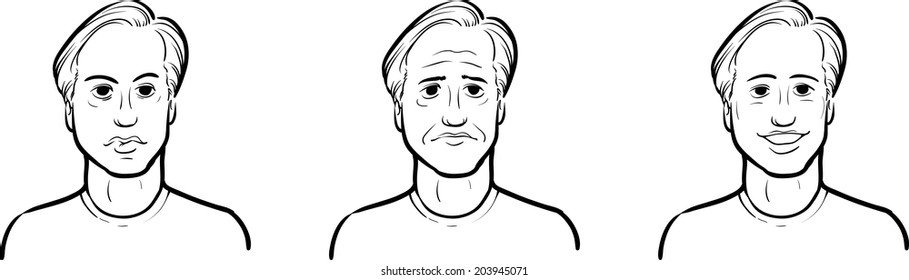 whiteboard drawing - one man face three expressions