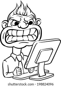 whiteboard drawing - scary businessman and desktop computer. Easy-edit layered vector EPS10 file scalable to any size without quality loss.