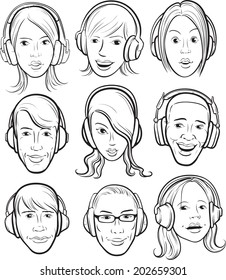 whiteboard drawing - set of faces with headphones