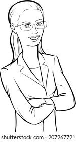 whiteboard drawing - smiling business woman in glasses with arms crossed