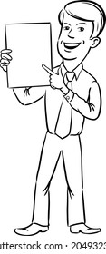 whiteboard drawing - smiling businessman standing and pointing