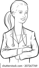 whiteboard drawing - smiling woman doctor with arms crossed