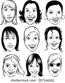 whiteboard drawing - smiling women faces set