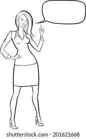 whiteboard drawing - standing business woman pointing with speech bubble