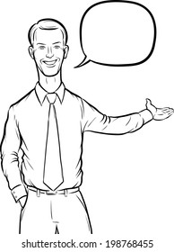 whiteboard drawing - standing businessman with speech bubble. Easy-edit layered vector EPS10 file scalable to any size without quality loss.