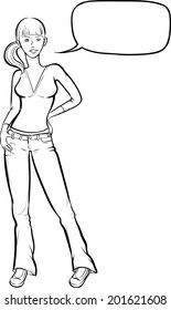 whiteboard drawing - standing girl in jeans with speech bubble