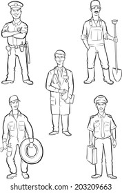 whiteboard drawing - standing men of various occupations