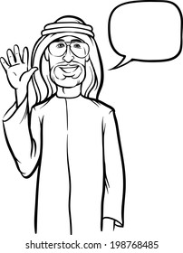 whiteboard drawing - standing smiling arab man waving hello. Easy-edit layered vector EPS10 file scalable to any size without quality loss.