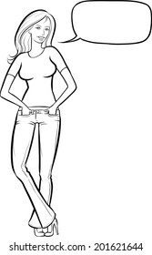 whiteboard drawing - standing woman in jeans with speech bubble