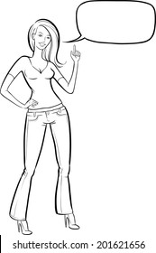 whiteboard drawing - Standing woman in jeans with speech bubble pointing