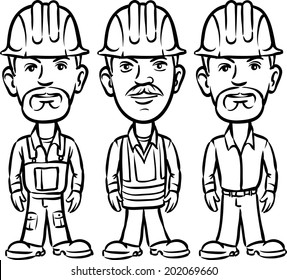 whiteboard drawing - three cartoon workers in hardhats