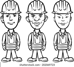 whiteboard drawing - three cartoon workers various ethnicity