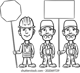 whiteboard drawing - three cartoon workers with signs