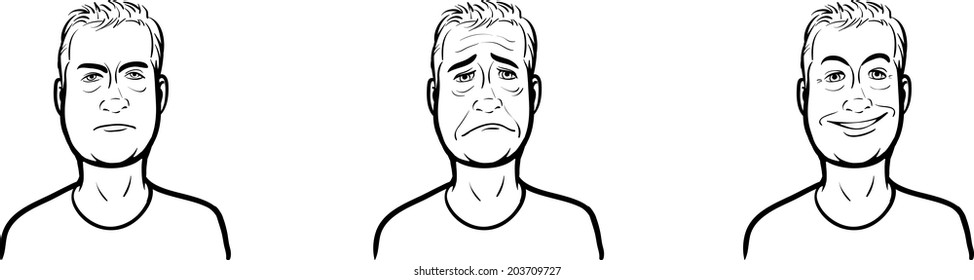 whiteboard drawing - tired guy face three expressions