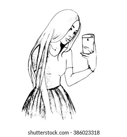 Whiteboard drawn young girl make self portrait on her camera phone. Vector stock illustration